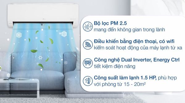 Điều hòa LG V18ENF có hệ thống lọc không khí và bảo vệ máy nén.
