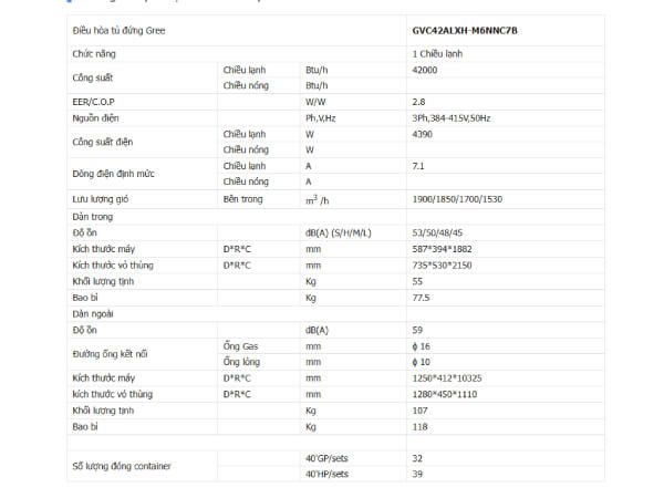 Thống số kỹ thuật Điều hòa cây Gree 42000BTU 1 chiều GVC42ALXH-M6NNC7B
