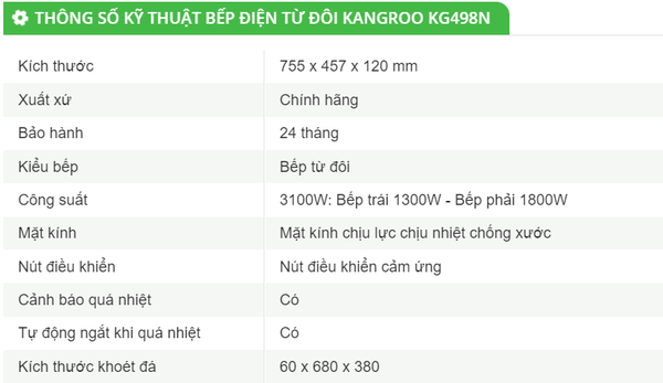 BẾP ĐIỆN TỪ ĐÔI KANGROO KG498N