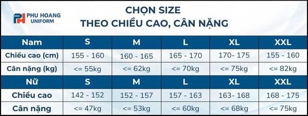 Bảng thông số size đồng phục đầu bếp chi tiết
