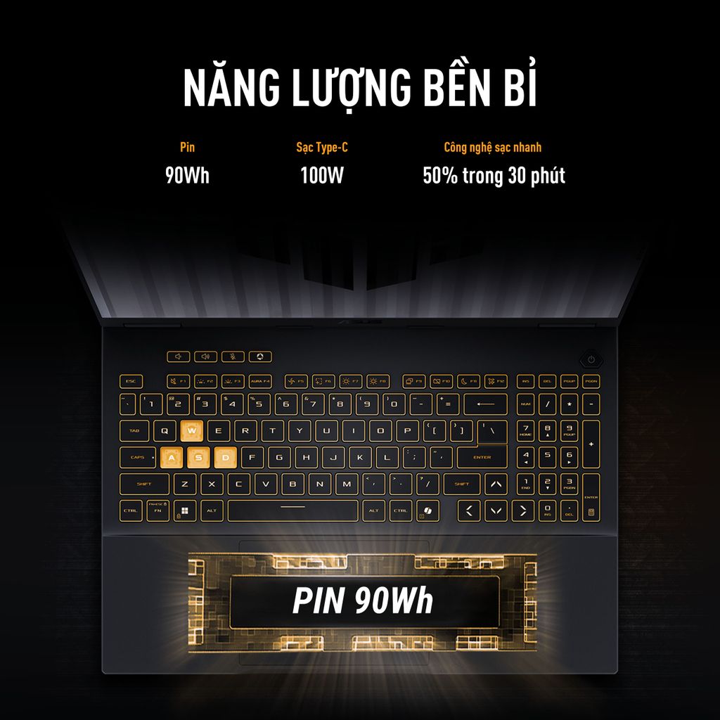ASUS TUF Gaming F16 pin 90 wh dùng trong nhiều giờ