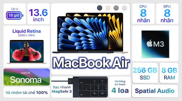 MacBook Air M3 2024 13 inch và 15 inch  trang bị chip M3