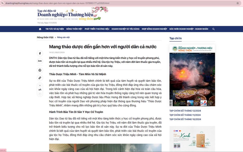 báo DOANH NGHIỆP THƯƠNG HIỆU : Mang thảo dược đến gần hơn với người dân cả nước