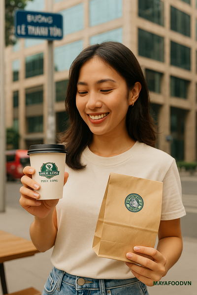Khách hàng cầm ly giấy in logo thương hiệu tại quán cà phê F&B ở TP.HCM – tạo dấu ấn thương hiệu mạnh mẽ