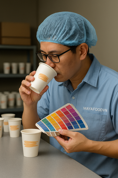 Quy trình kiểm định chất lượng cốc giấy in gấp tại MAYAFOODVN