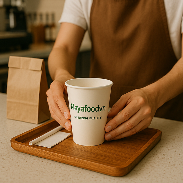 Barista chuẩn bị khay takeaway với ly giấy TP.HCM in slogan thương hiệu
