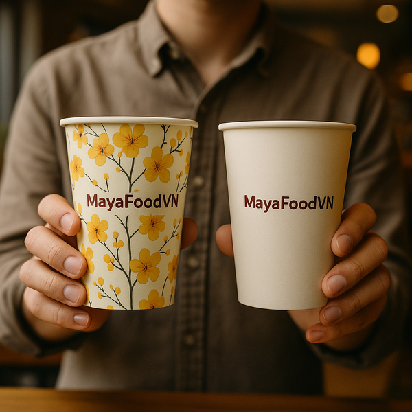 so sánh cốc giấy in full hình và chỉ in logo tại MayaFoodVN Hà Nội