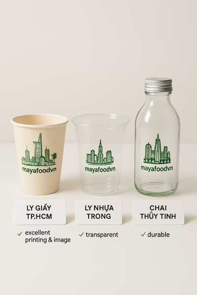 So sánh ly giấy TP.HCM với ly nhựa và chai thủy tinh về nhận diện thương hiệu