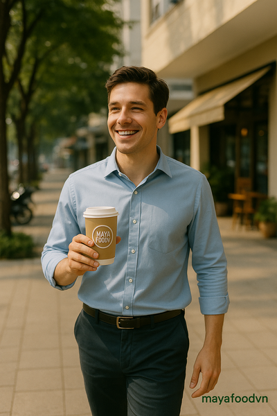 Khách hàng cầm ly giấy TP.HCM takeaway trên đường phố Sài Gòn buổi sáng