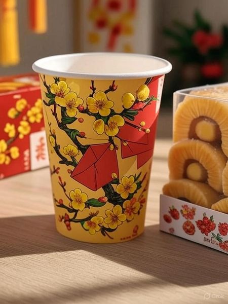 cốc giấy theo concept Tết với thiết kế hoa mai đỏ vàng