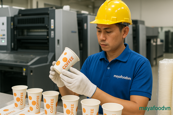 Quy trình in ly giấy của chuỗi lớn yêu cầu kiểm soát chất lượng nghiêm ngặt.