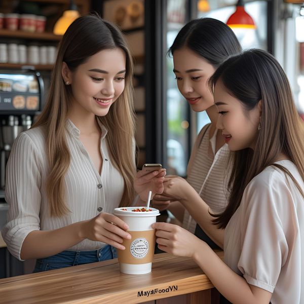 Du khách quốc tế chụp ảnh cốc giấy Hà Nội để đăng review trực tuyến