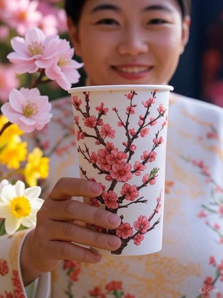 : khách chụp hình cùng mẫu cốc giấy theo mùa để check-in mạng xã hội
