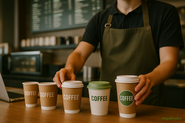 Barista chuẩn bị ly giấy in logo cho khách tại chuỗi cà phê ở TP.HCM