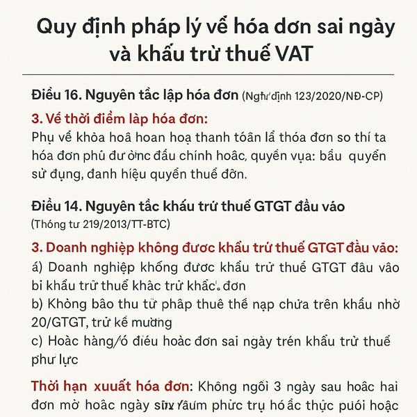 Quy định pháp lý về hóa đơn sai ngày và khấu trừ thuế VAT.