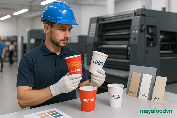 Nhân viên kiểm tra các mẫu ly giấy tại xưởng in ở TP.HCM để phân tích chi phí