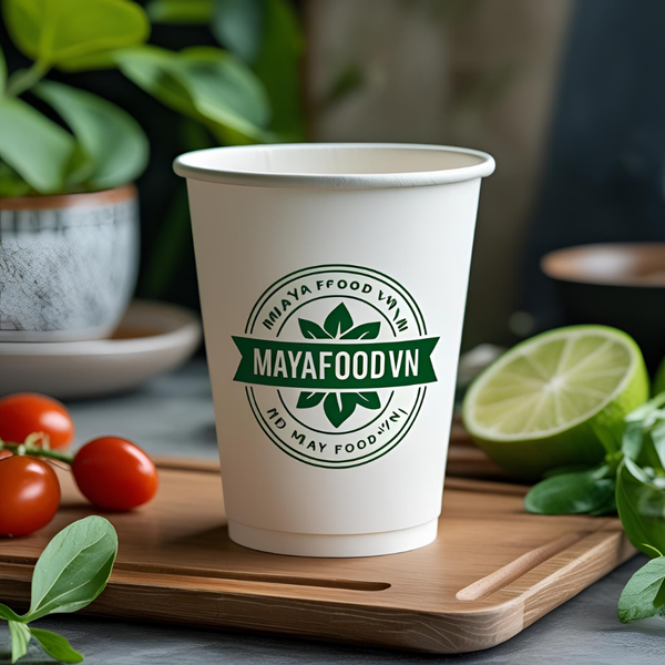 Sample ly giấy thực tế đã in logo trên bàn phục vụ