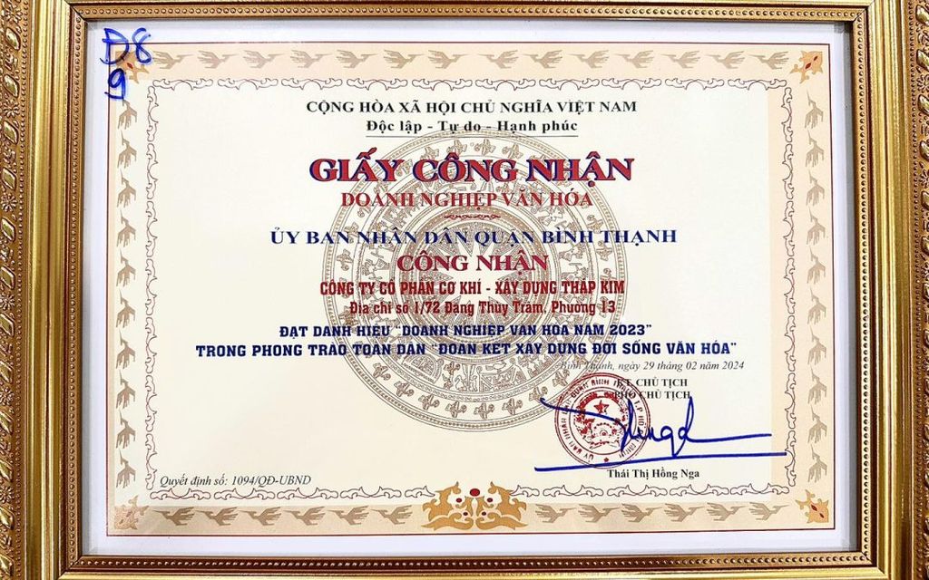 CÔNG TY CP CƠ KHÍ XÂY DỰNG THÁP KIM ĐẠT DANH HIỆU DOANH NGHIỆP VĂN HÓA NĂM 2023