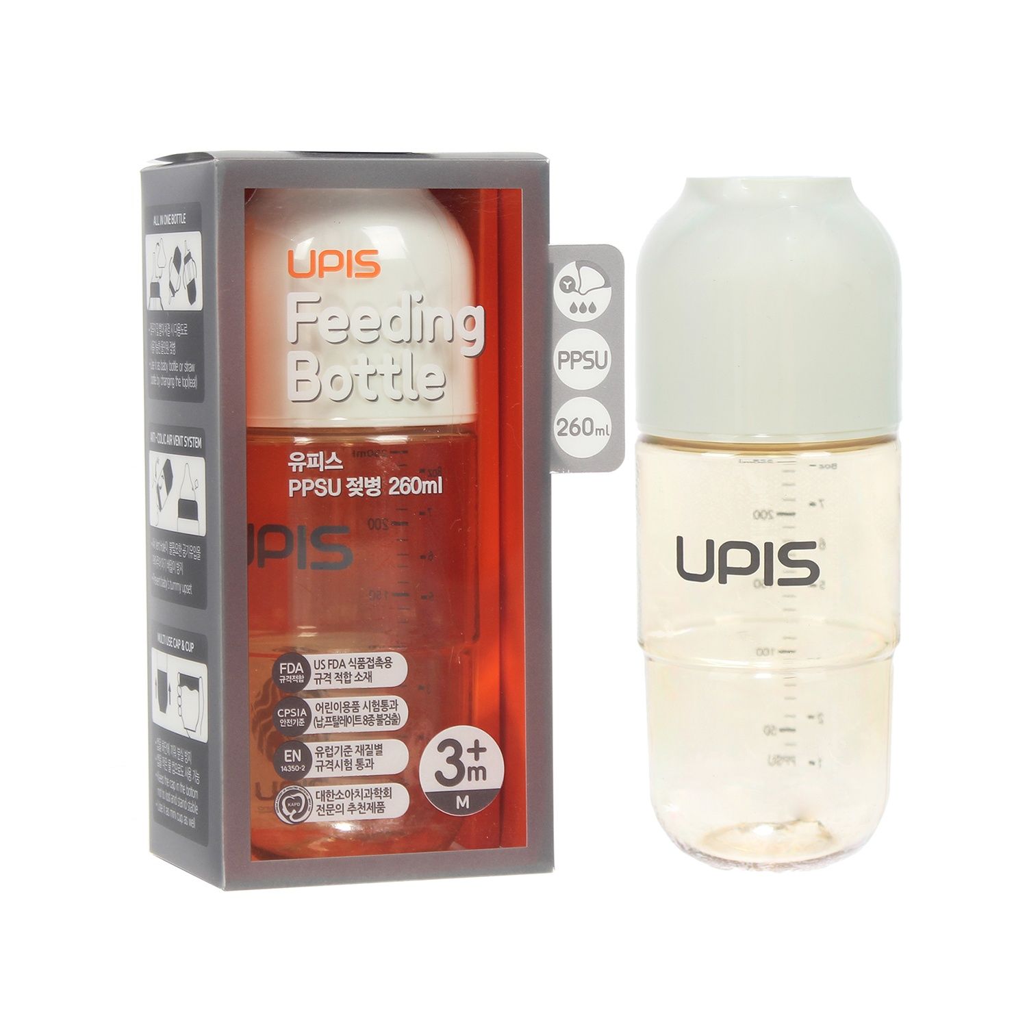 Bình Sữa UPIS PPSU Núm Size S Màu Trắng 260ml Cho Bé Từ 3M+