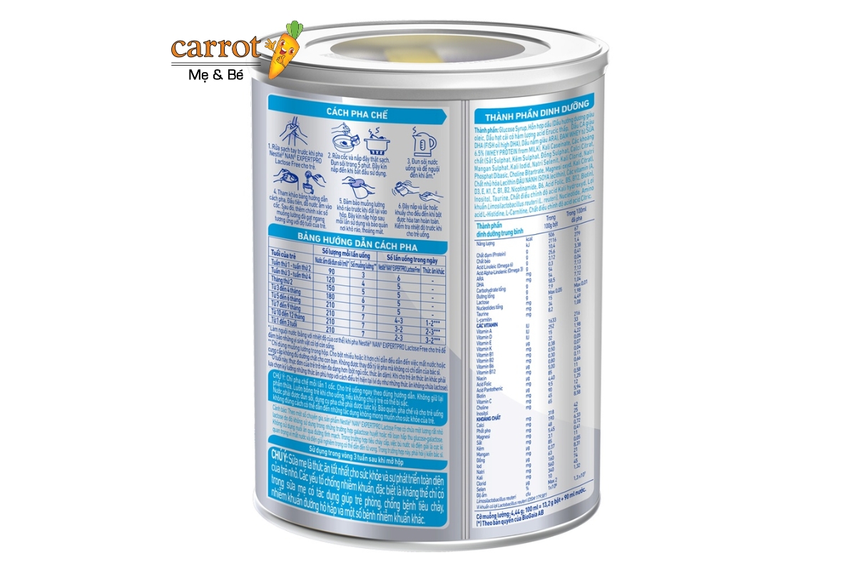 Thành phần dinh dưỡng sữa Nan Lactose Free Thụy Sỹ