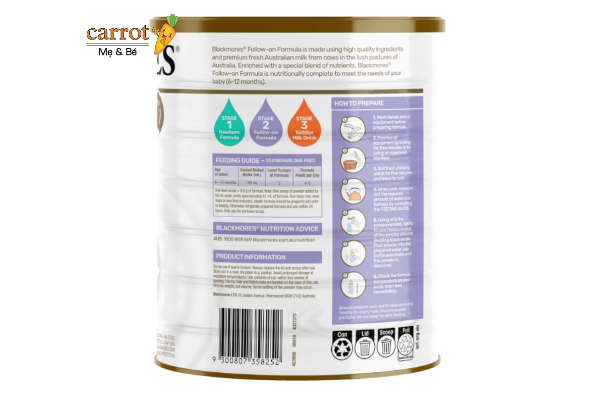 Cách pha sữa Blackmore số 2 cho bé từ 6 đến 12 tháng