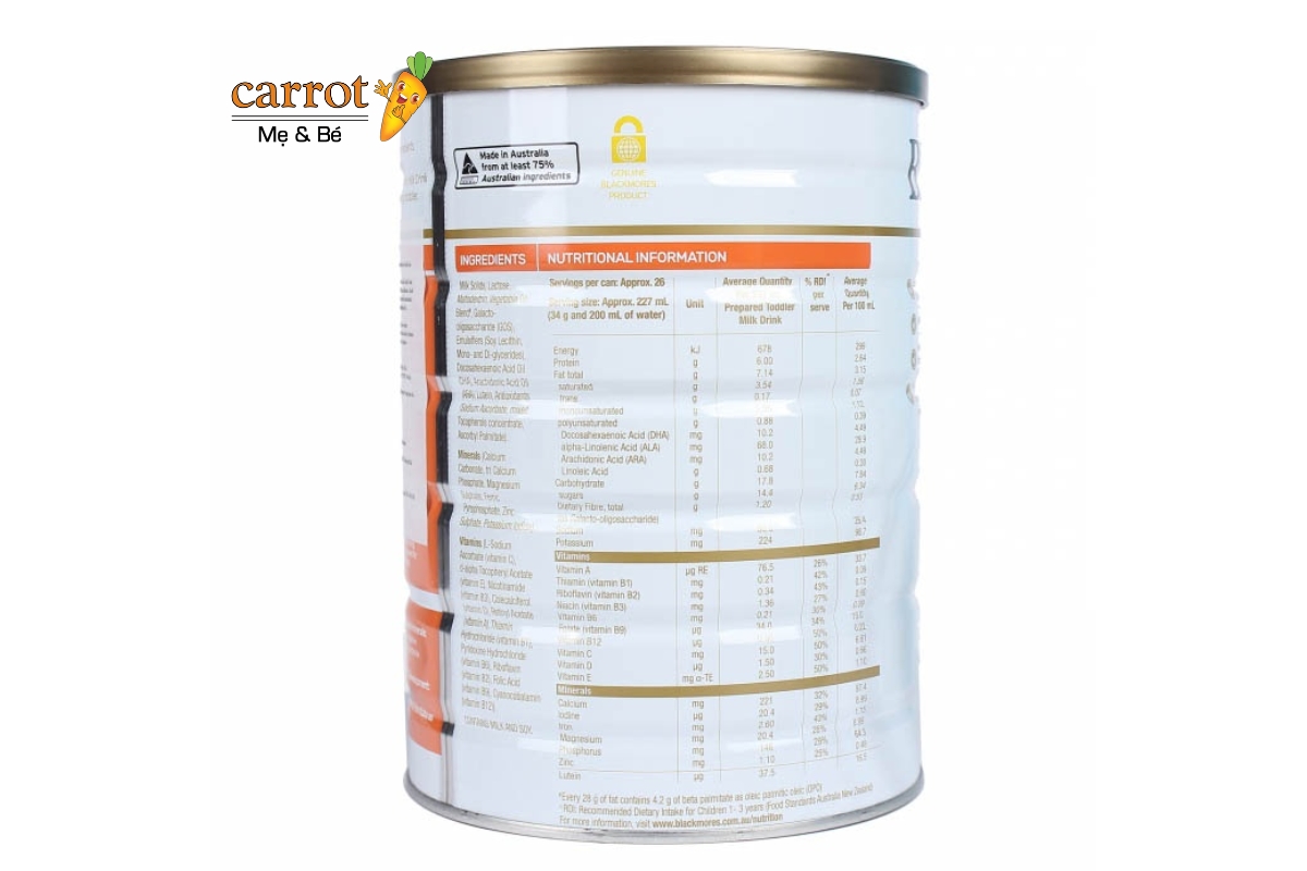 Thành phần sữa Blackmore số 3 cho bé trên 12 tháng tuổi