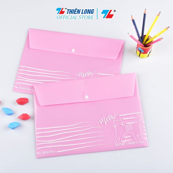 Bìa nút 3 ngăn Flexoffice FO-CBF018 màu hồng họa tiết mèo