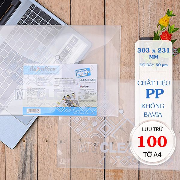 Bìa nút F4 Flexoffice FO-CBF04 trong suốt trên bàn gỗ