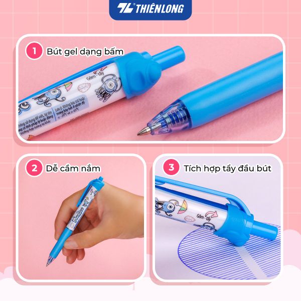 Cơ chế bấm tiện lợi của Bút Gel Xóa Được Thiên Long TP-GELE003 - Thiết kế Hoạt hình Mondee