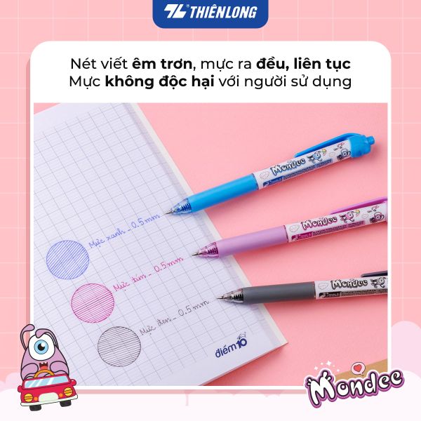 Bút Gel Xóa Được Thiên Long TP-GELE003 - Thiết kế Hoạt hình Mondee 3 màu mực xanh- đen - tím