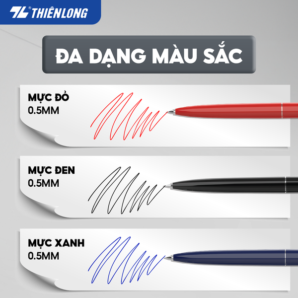 Hộp 20 Bút bi Thiên Long TL-031 với 3 màu mực thông dụng: Đen – Đỏ – Xanh