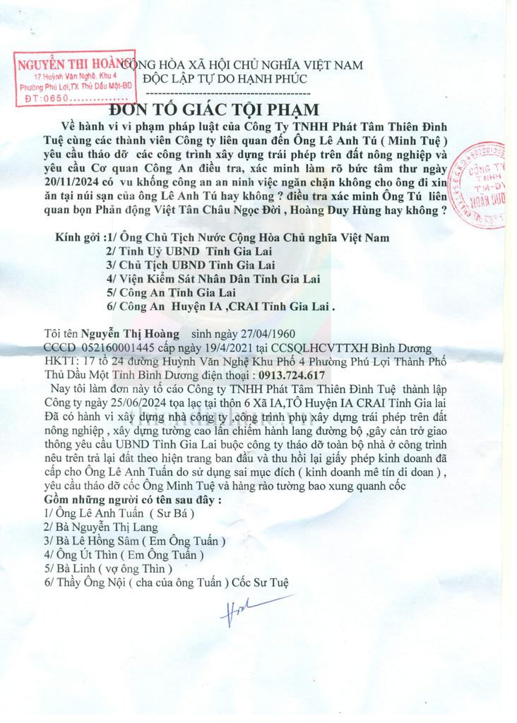 ĐƠN TỐ GIÁC CỦA BÀ NGUYỄN THỊ HOÀNG - YÊU CẦU THÁO DỠ CÔNG TRÌNH XÂY DỰNG