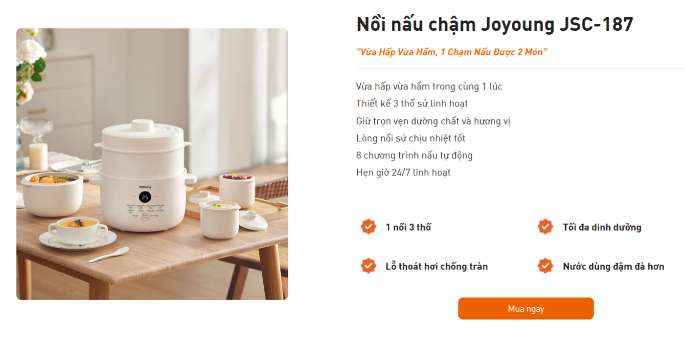 Mua nồi nấu chậm dưỡng sinh Joyoung JSC-187 với 3 thố sứ trắng đi kèm