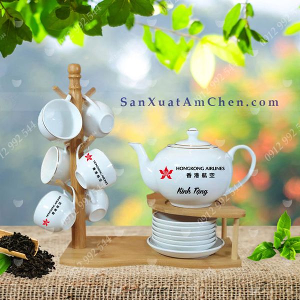 Ấm chén sứ trắng in logo quà tặng khách hàng mobifone