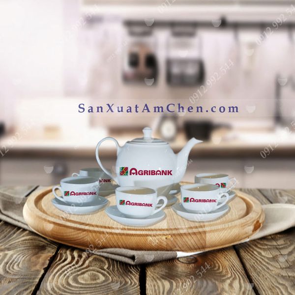 Ấm chén sứ trắng in logo quà tặng khách hàng mobifone