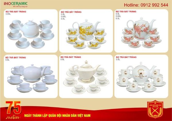 Ấm chén sứ trắng in logo quà tặng khách hàng mobifone