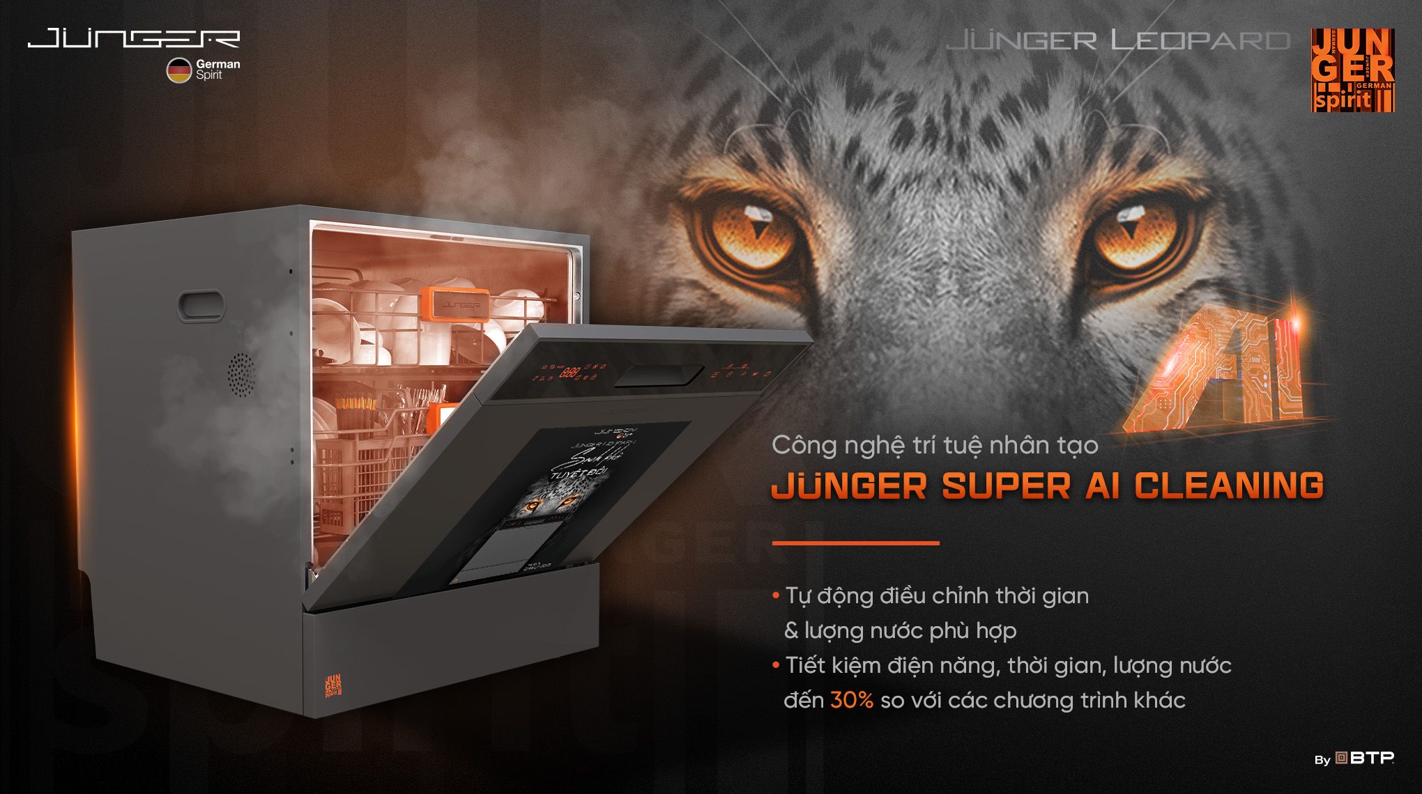 Công nghệ Junger Super AI Cleaning tự động điều chỉnh thời gian và lượng nước rửa phù hợp giúp tiết kiệm điện năng, thời gian, lượng nước tới 30%
