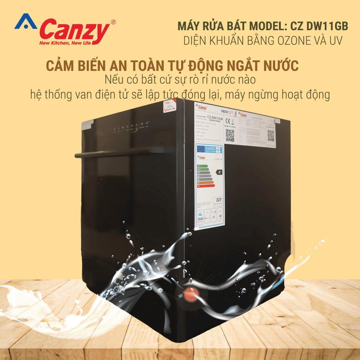 Máy rửa bát Canzy 11 bộ CZ-DW11GB tự động ngắt nước và chống tràn với công nghệ Aqua Stop
