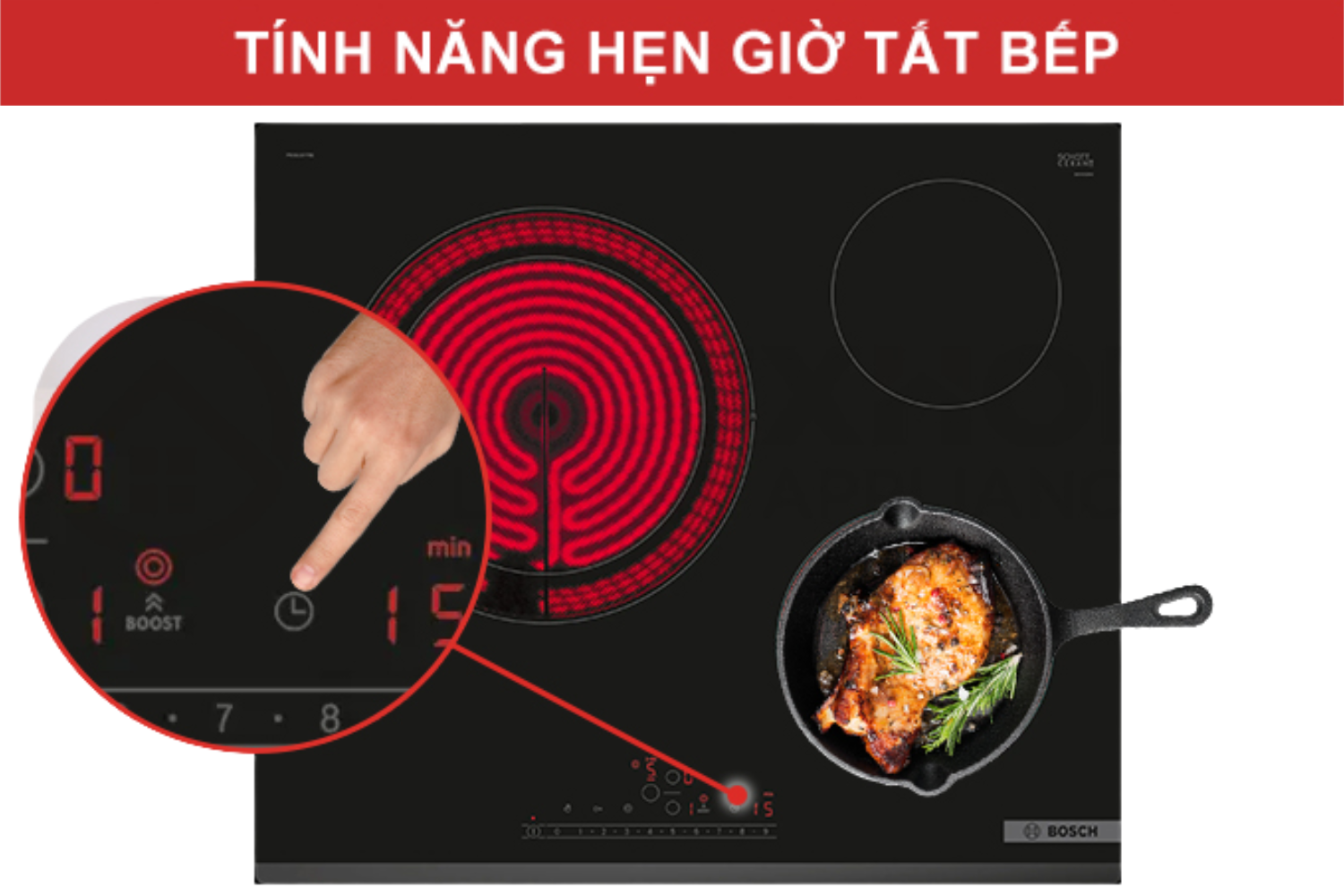 Đồng hồ hẹn giờ tắt (Timer) có thể cài đặt thời gian nấu riêng biệt cho từng vùng bếp