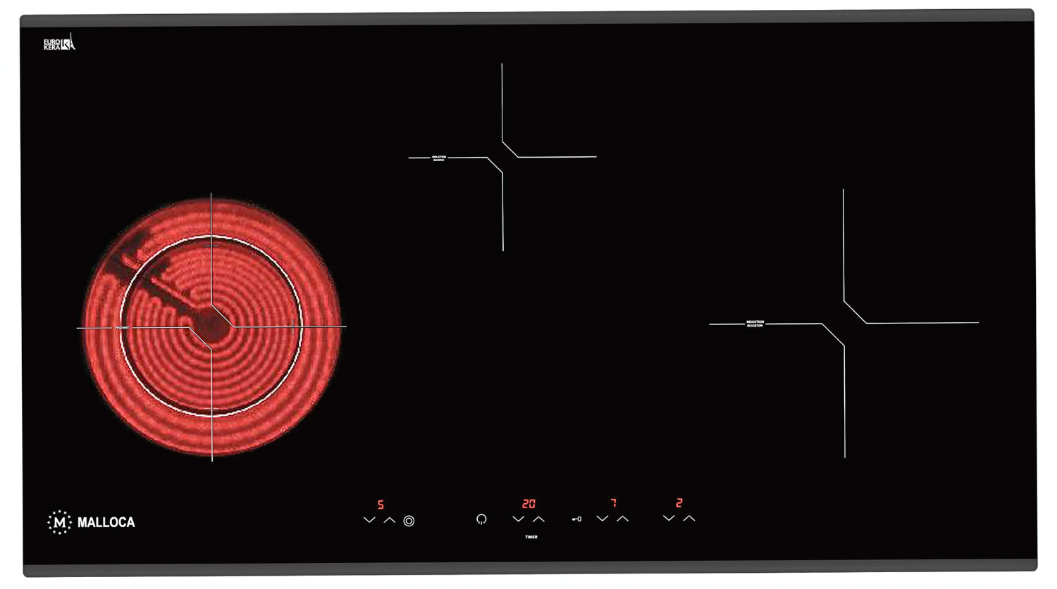 Bếp điện từ Malloca MH-03IRB S được thiết kế với ba vùng nấu hoàn toàn độc lập,