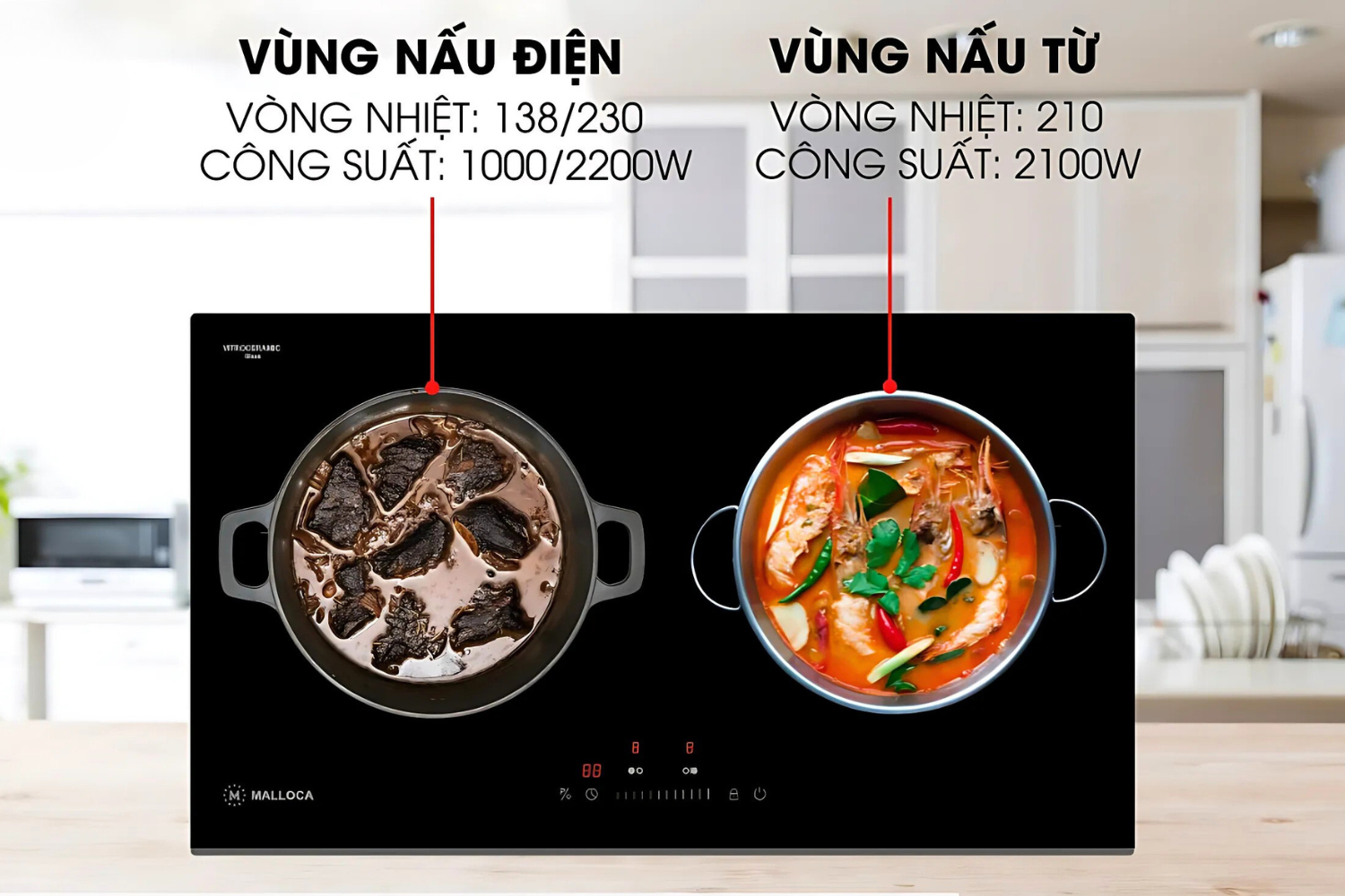 Bếp từ Malloca MH-732 IRN trang bị hai vùng nấu rộng rãi, linh hoạt