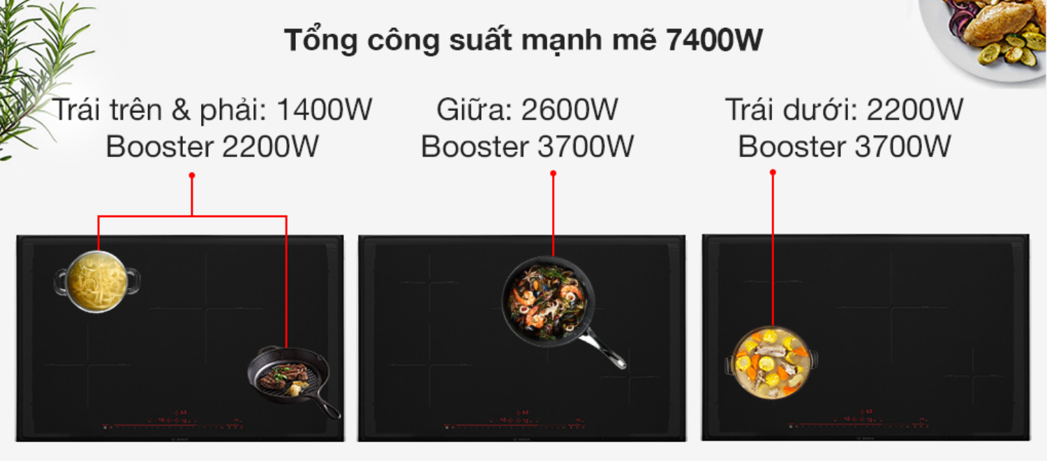 Bếp Bosch PIE875DC1E sở hữu 04 vùng nấu từ riêng biệt đa dạng về kích thước và công suất