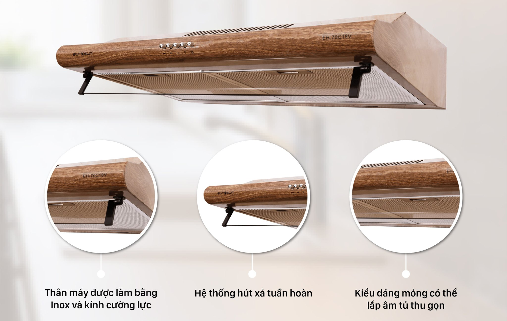 Thiết kế âm tủ tinh gọn, thẩm mỹ với họa tiết vân gỗ sang trọng