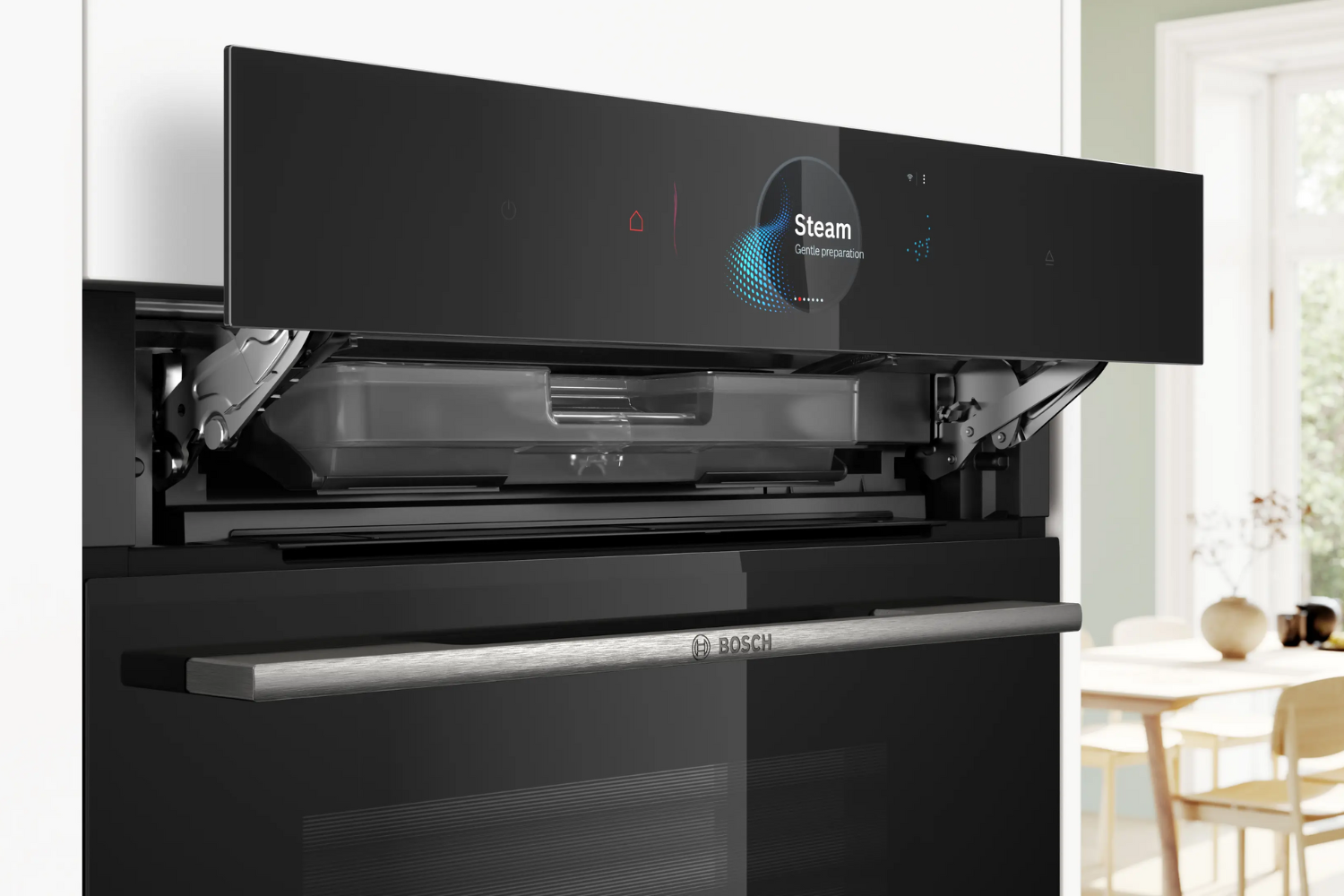 Lò nướng Bosch HRG7784B1 tự động phun bổ sung hơi nước vào khoang lò trong quá trình nướng