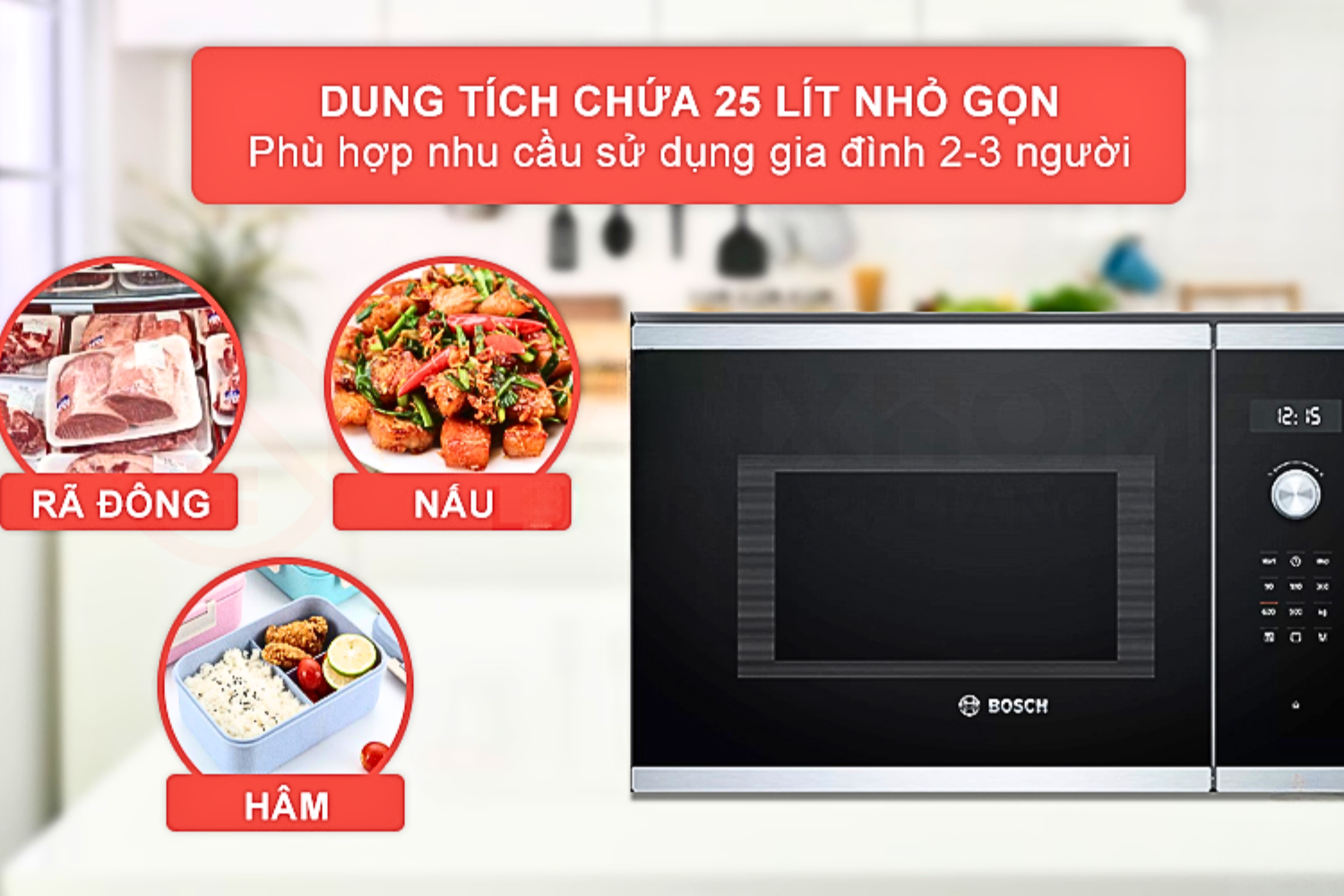 Lò vi sóng Bosch BEL554MS0B Serie 6 đáp ứng nhu cầu sử dụng của các hộ gia đình nhỏ có từ 2-3 thành viên