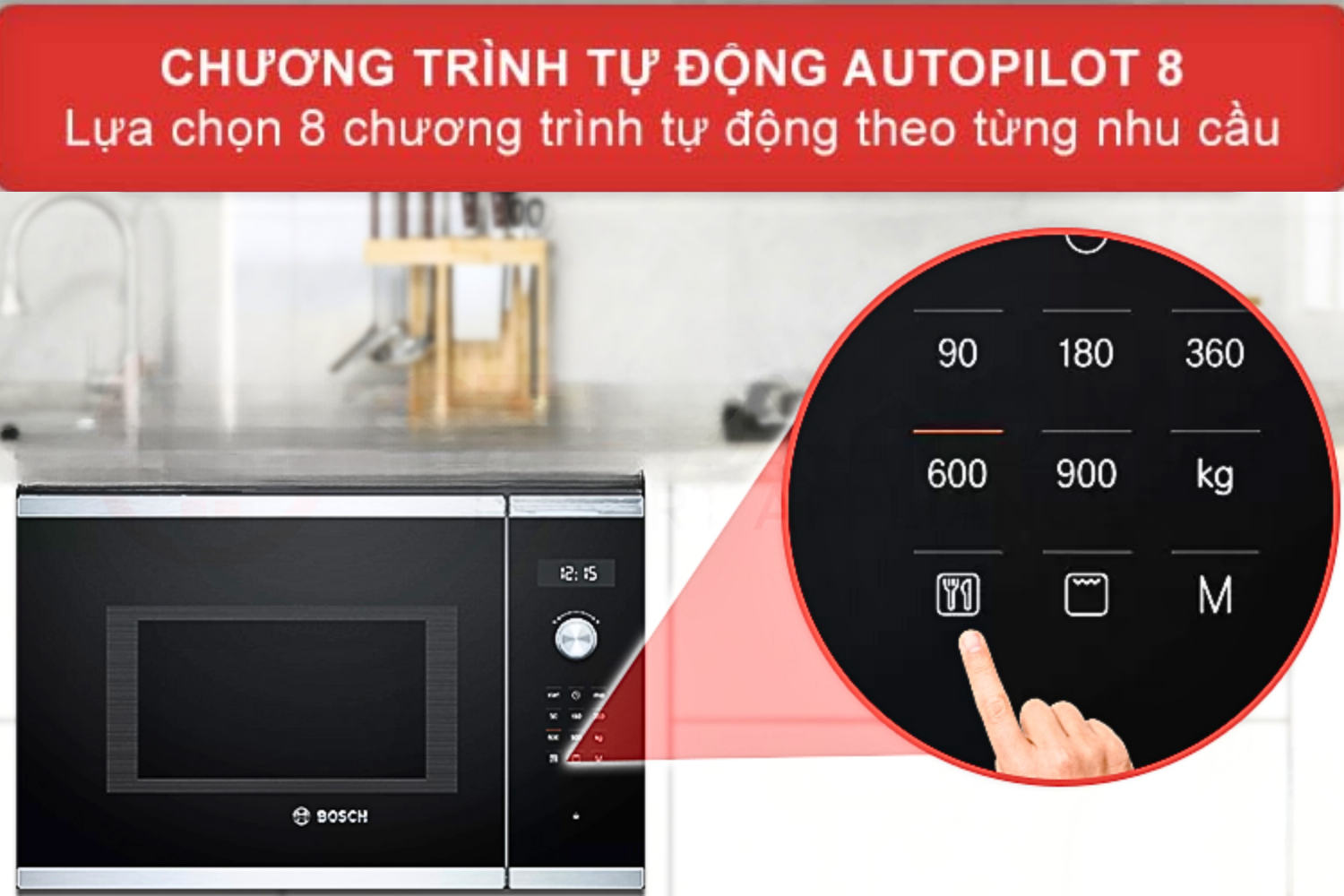 Lò vi sóng có nướng Bosch BEL523MS0 tich hợp bộ 8 chương trình nấu ăn tự động AutoPilot 8 cài đặt sẵn