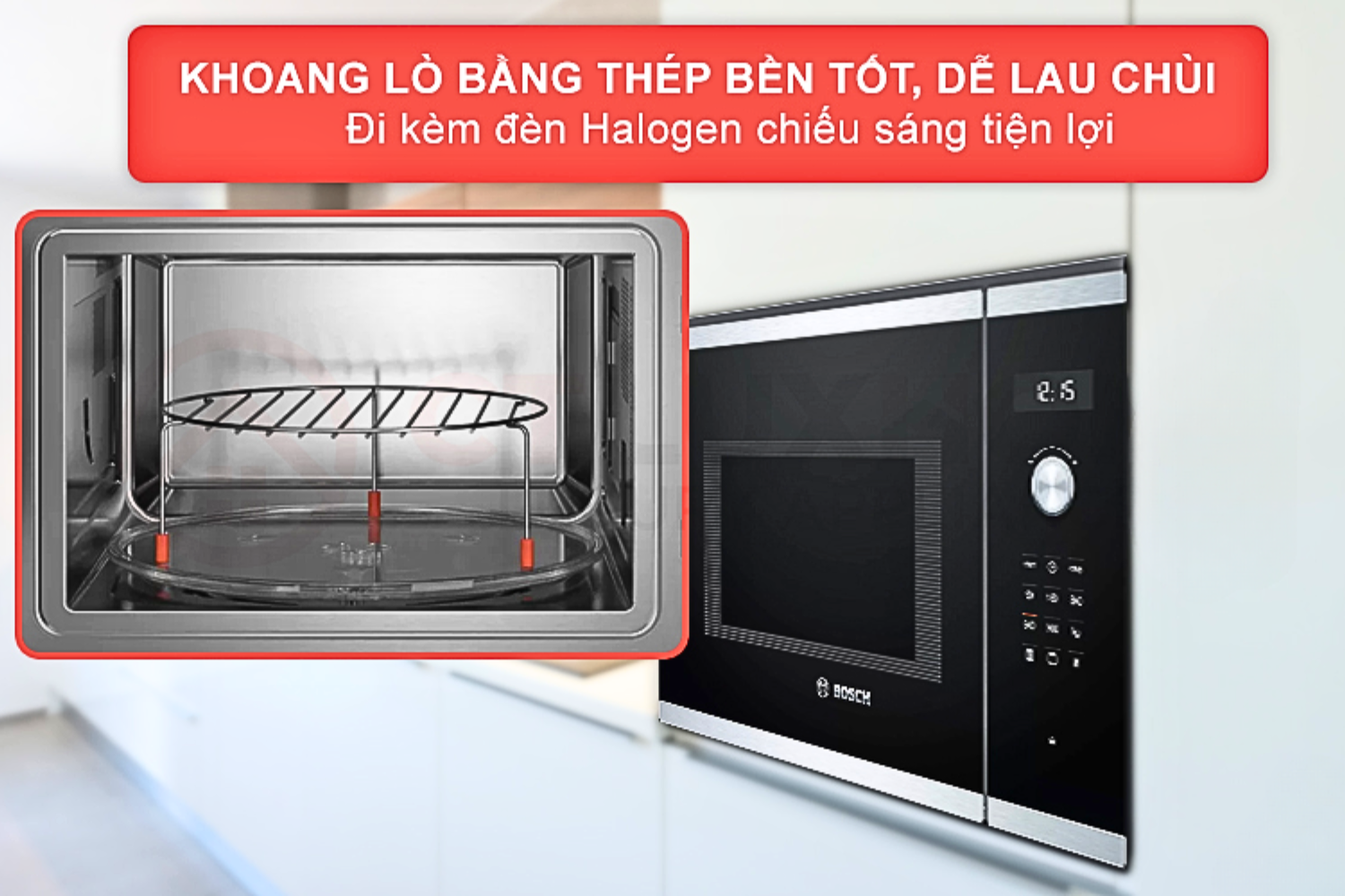 Khoang lò bên trong được làm từ chất liệu thép không gỉ, được đánh giá cao về độ bền và dễ vệ sinh