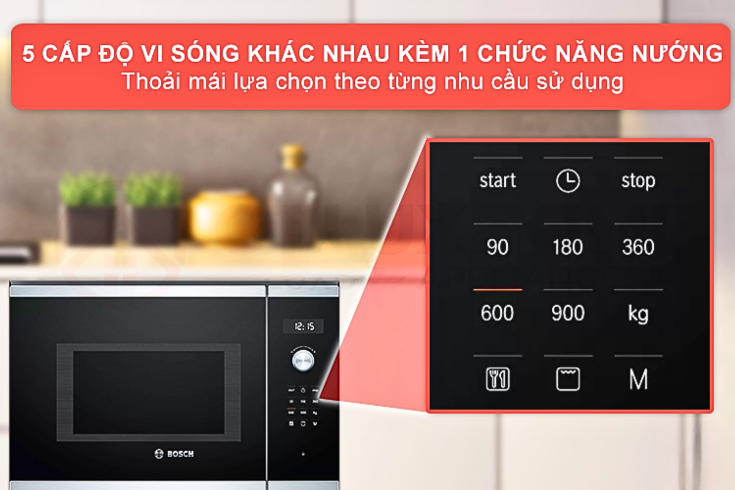 Lò vi sóng Bosch BEL554MS0B cung cấp 5 mức công suất khác nhau