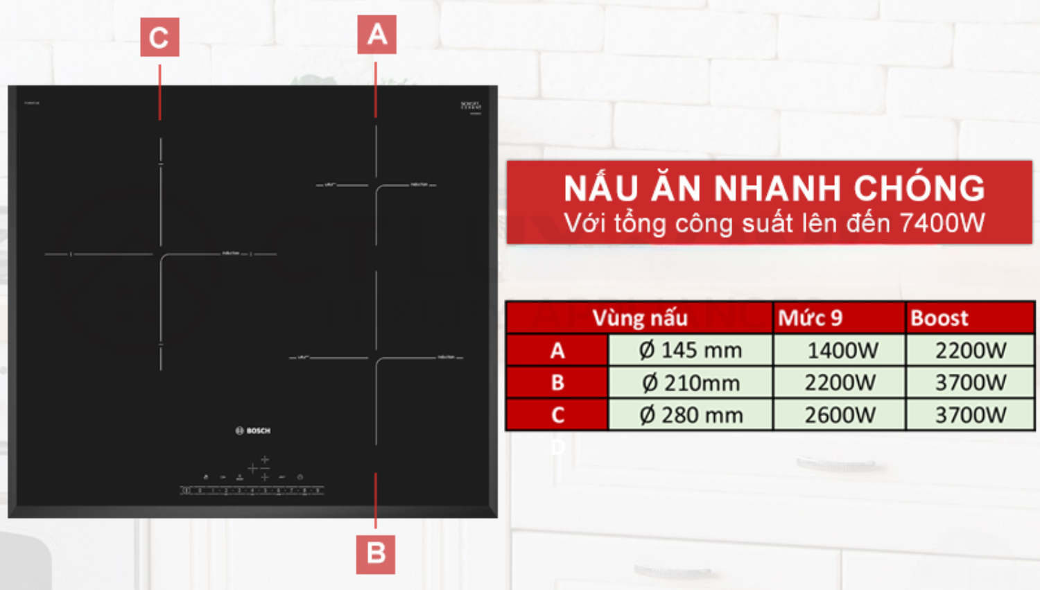 Bếp từ Bosch PIJ675FC1E Serie 6 được trang bị 3 vùng nấu cảm ứng riêng biệt