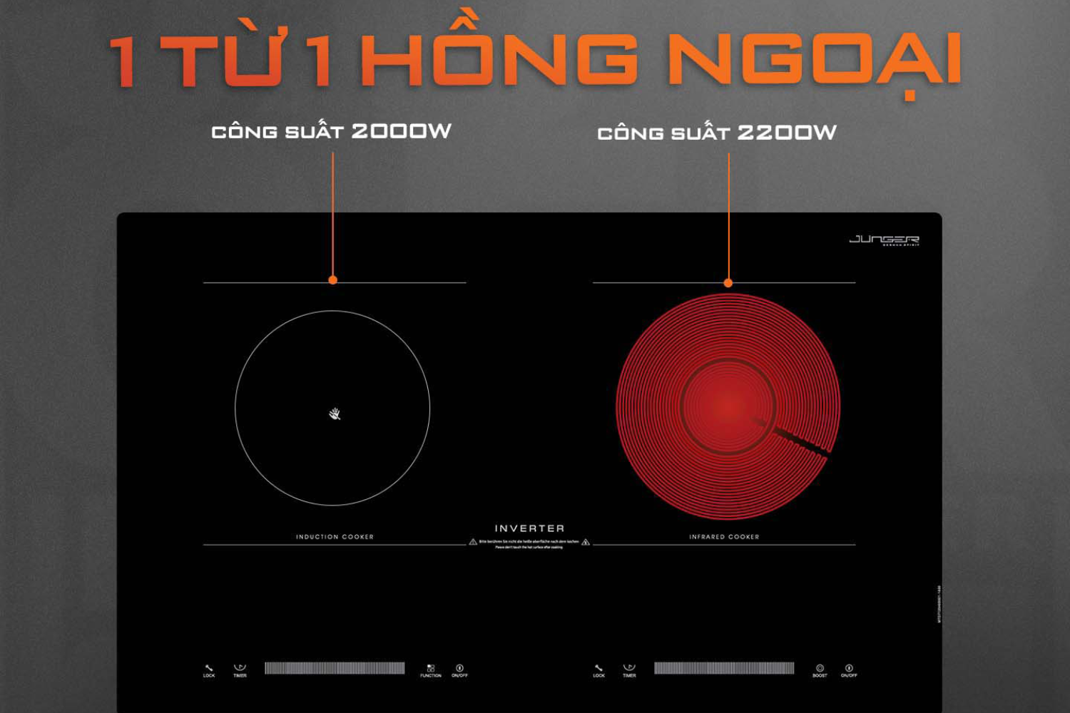 Bếp Điện Từ Kết Hợp Hồng Ngoại Junger MTD-71 | Lắp Âm/Dương 2 Vùng Nấu
